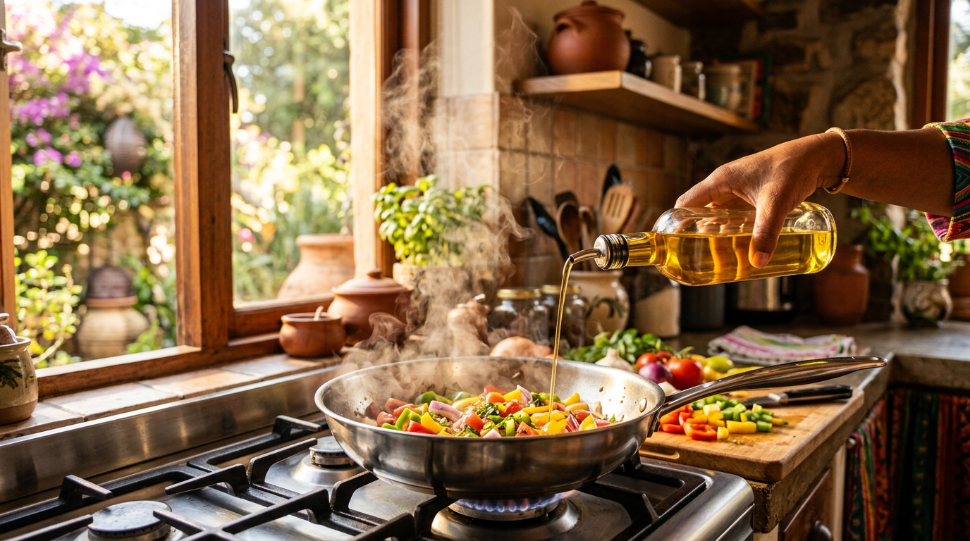 Golden PAN cooking oil poured into a sizzling pan